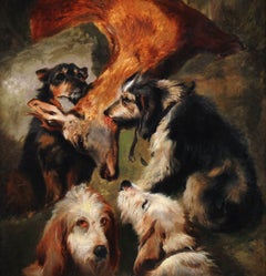 Antikes Tierölgemälde aus dem 19. Jahrhundert nach Landseer, Jagdhunde, gerahmt