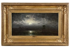 Johan Barthold Jongkind, antikes Ölgemälde „Landschaft im Mondlicht“, gerahmt