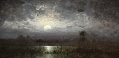 Johan Barthold Jongkind, antikes Ölgemälde „Landschaft im Mondlicht“, gerahmt