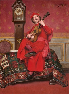 José Frappa: Antikes figuratives Ölgemälde aus Frankreich, „Kardinal und Musiker“, gerahmt