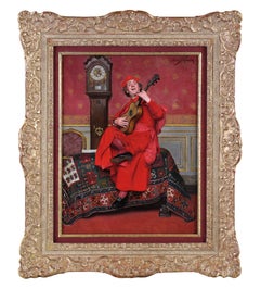 José Frappa French Antique Figurative Oil Painting, Cardinal Musician, Framed
