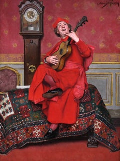 José Frappa French Antique Figurative Oil Painting, Cardinal Musician, Framed