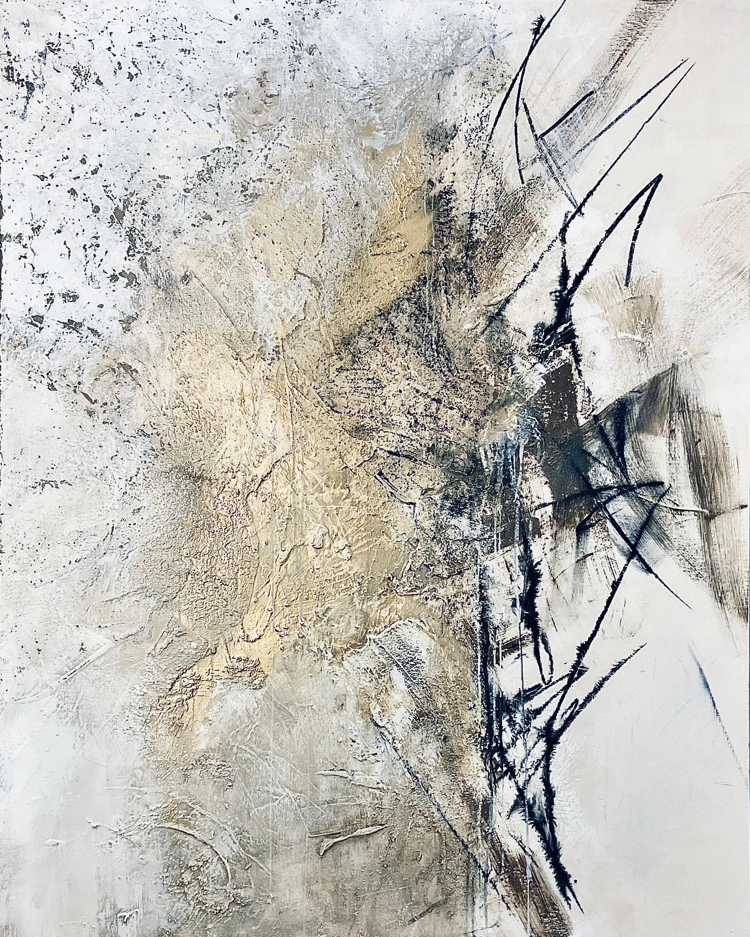 "Storm I", Richly Textured, Neutral Palette, Black, White, Gold, Minimalist