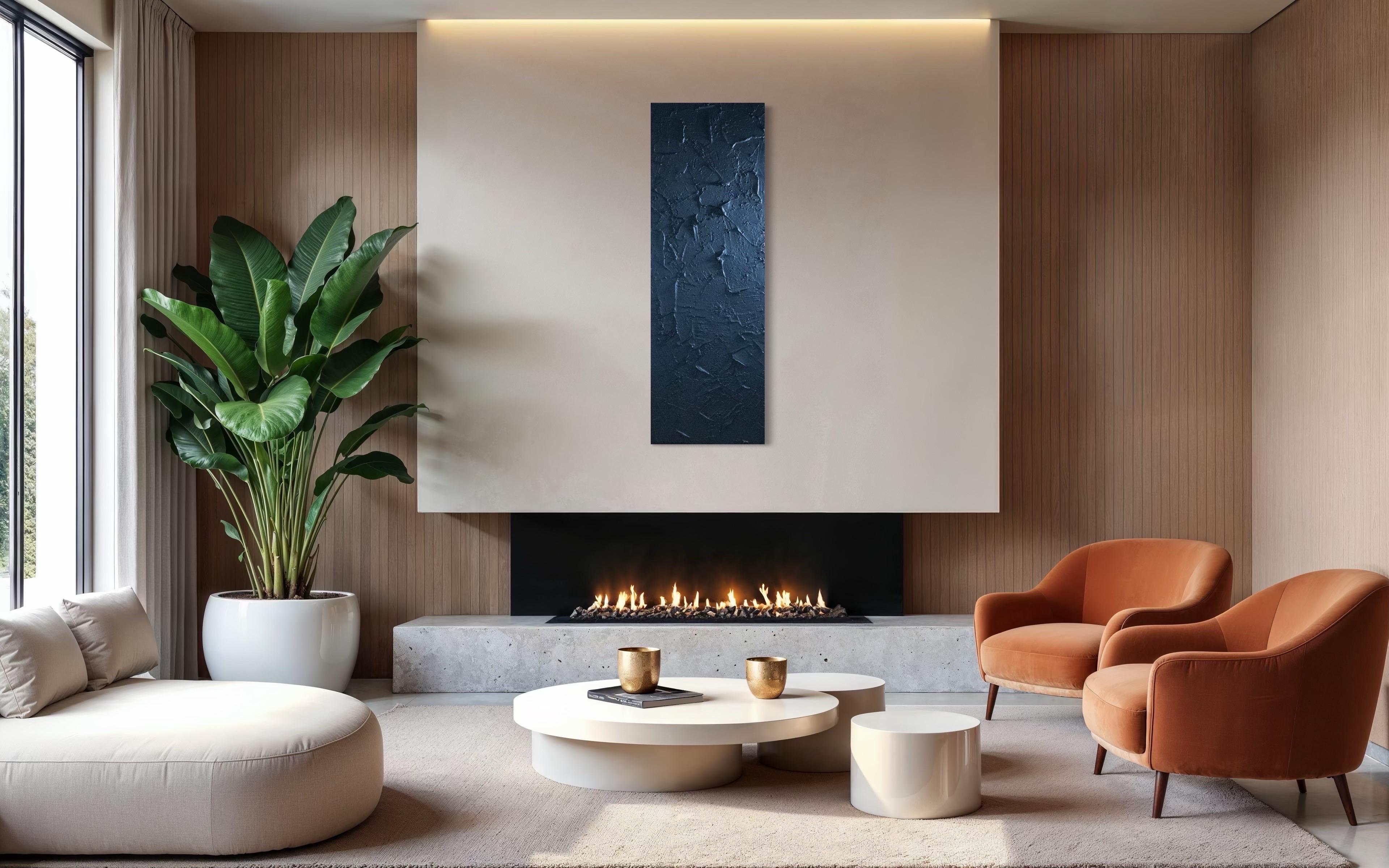 Raw - Black, Monochrome, Sculptural, Contemporary, Impasto, Minimal, Texture - Blue Interior Painting by Michelle Thomas Artist