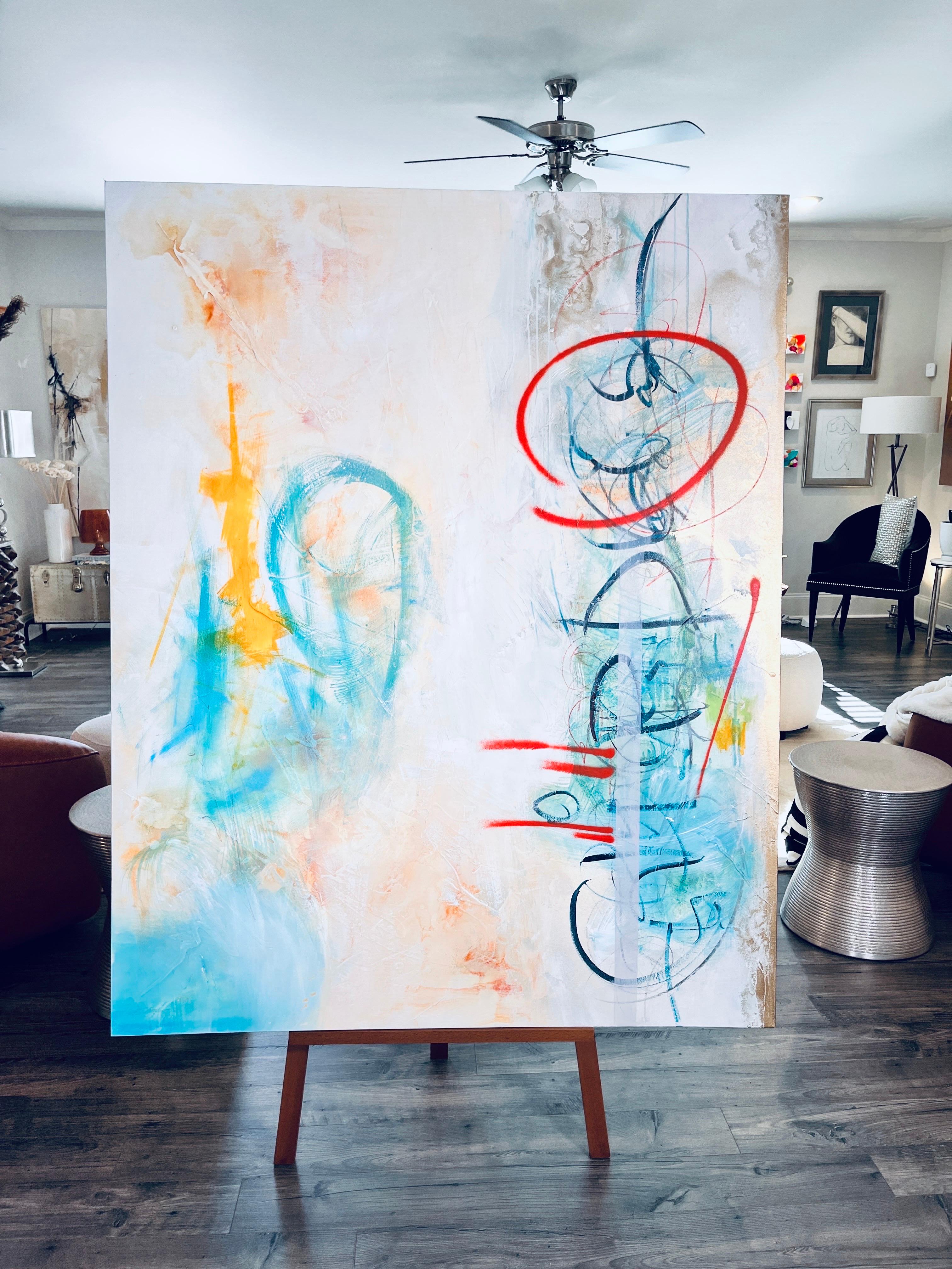 Resonanz - Türkis, Gold, Weiß, Neutral, Strukturiert, Straße, Weiß, Grau – Painting von Michelle Thomas Artist