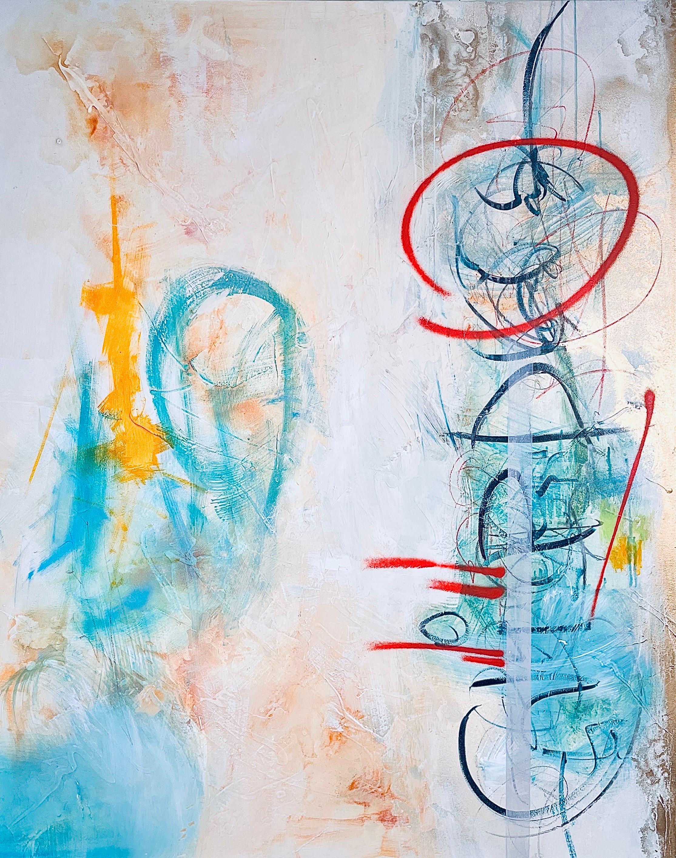 Michelle Thomas Artist Abstract Painting – Resonanz - Türkis, Gold, Weiß, Neutral, Strukturiert, Straße, Weiß, Grau