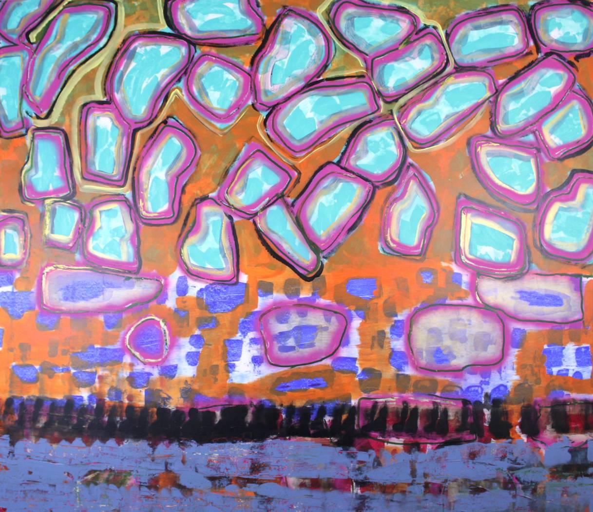 #48, Big abstract canvas, Dutch contemporary, purple, blue, pink, orange, gold - Art by Harry van Gestel