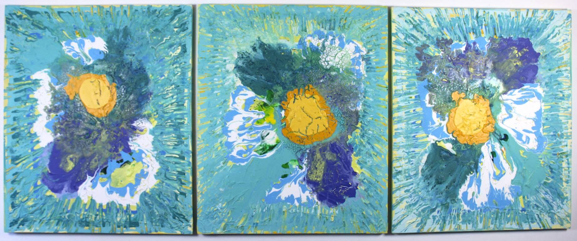 Harry van Gestel Abstract Painting - #63 Triptych, three paintings, Dutch contemporary, green, yellow, purple