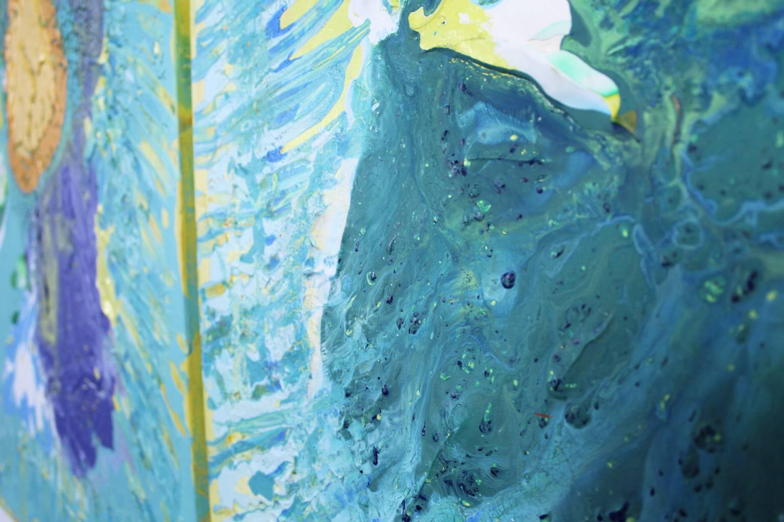#63 Triptych, three paintings, Dutch contemporary, green, yellow, purple - Blue Abstract Painting by Harry van Gestel