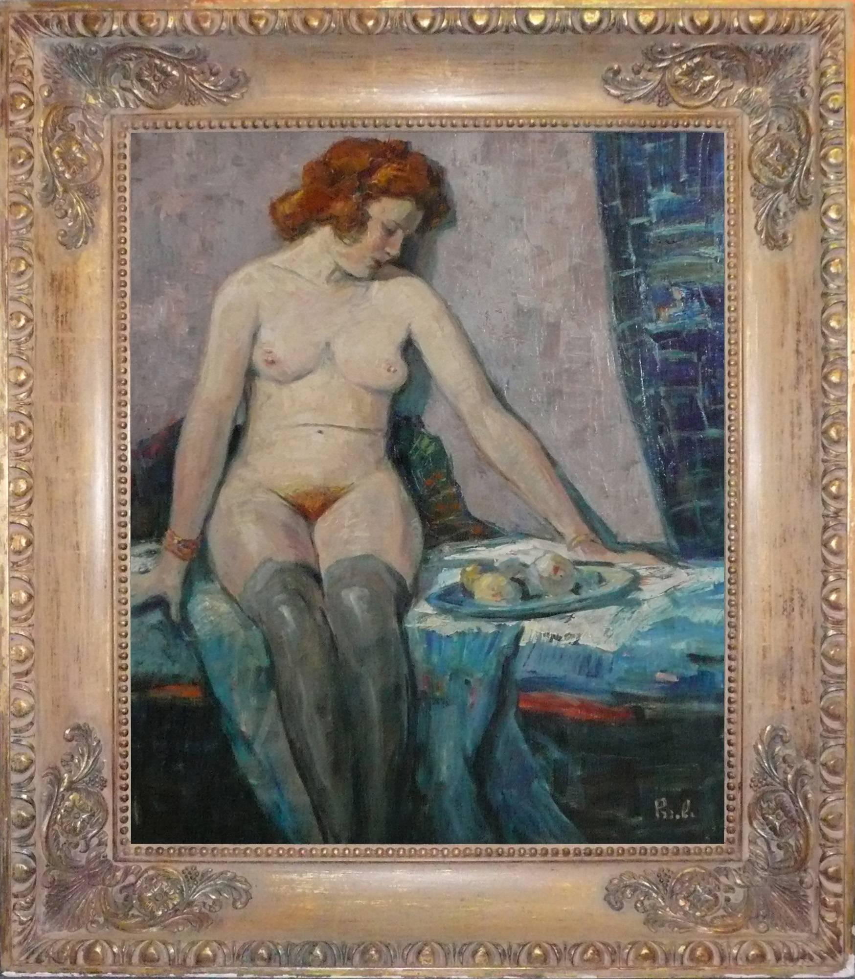 Unknown Nude Painting - Nude with Black Stockings