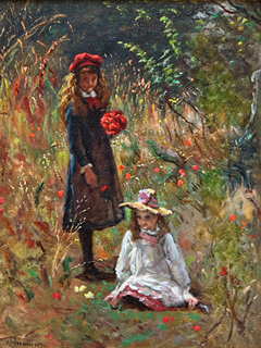 Portrait of the Artist's Daughters, American Impressionism Painting, Signed