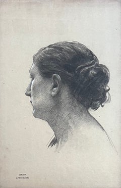 Study Of A Woman In Profile, Black Pencil With White Highlights on beige paper