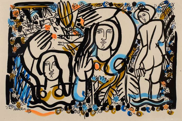 Badende, Vögel und Blumen – Art von America Martin