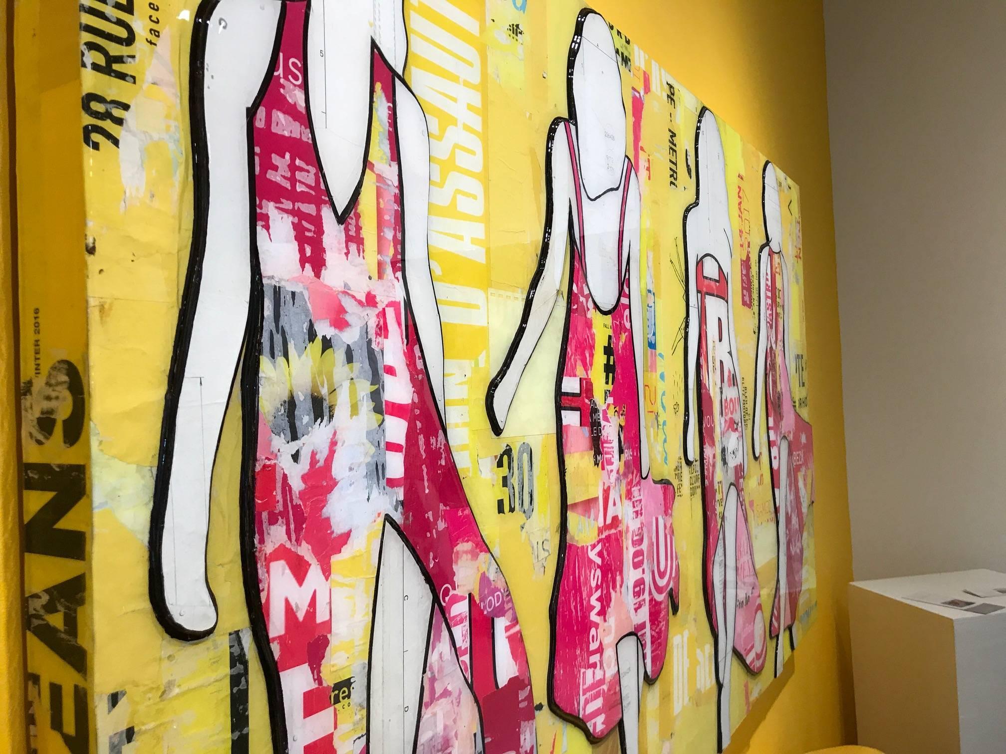 JANE MAXWELL
Pink and Yellow Girls,
Mixed Media with Resin on Panel
40 × 70 in

Jane Maxwell's current work largely focuses on women, body image and the feminine ideal. Her collages are deeply layered works, combining color, texture and text that
