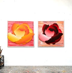 Frosted Roses, Diptych by Michael Kalish, Wall Sculpture, Flower, Red, Yellow