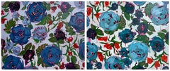 Abstraktes Blumenmuster, Blumen, Blau, Sommer – Diptychon von Anna Kincaide