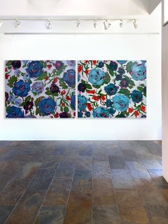 Abstract Floral Pattern, Flowers, Blue, Summer Seasons Diptych Anna Kincaide