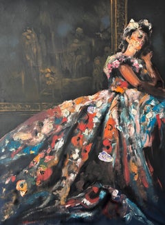 Flore di Martin Adalian, acrilico e olio su tela, figura femminile in abito da cerimonia