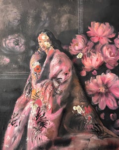Rose by Martin Adalian, Acrylic, Oil on Canvas, Female Figure, Pink Floral