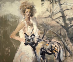 „Herbstsonate“ von Martin Adalian, Acryl, Öl auf Leinwand, Frauenfigur, Hund