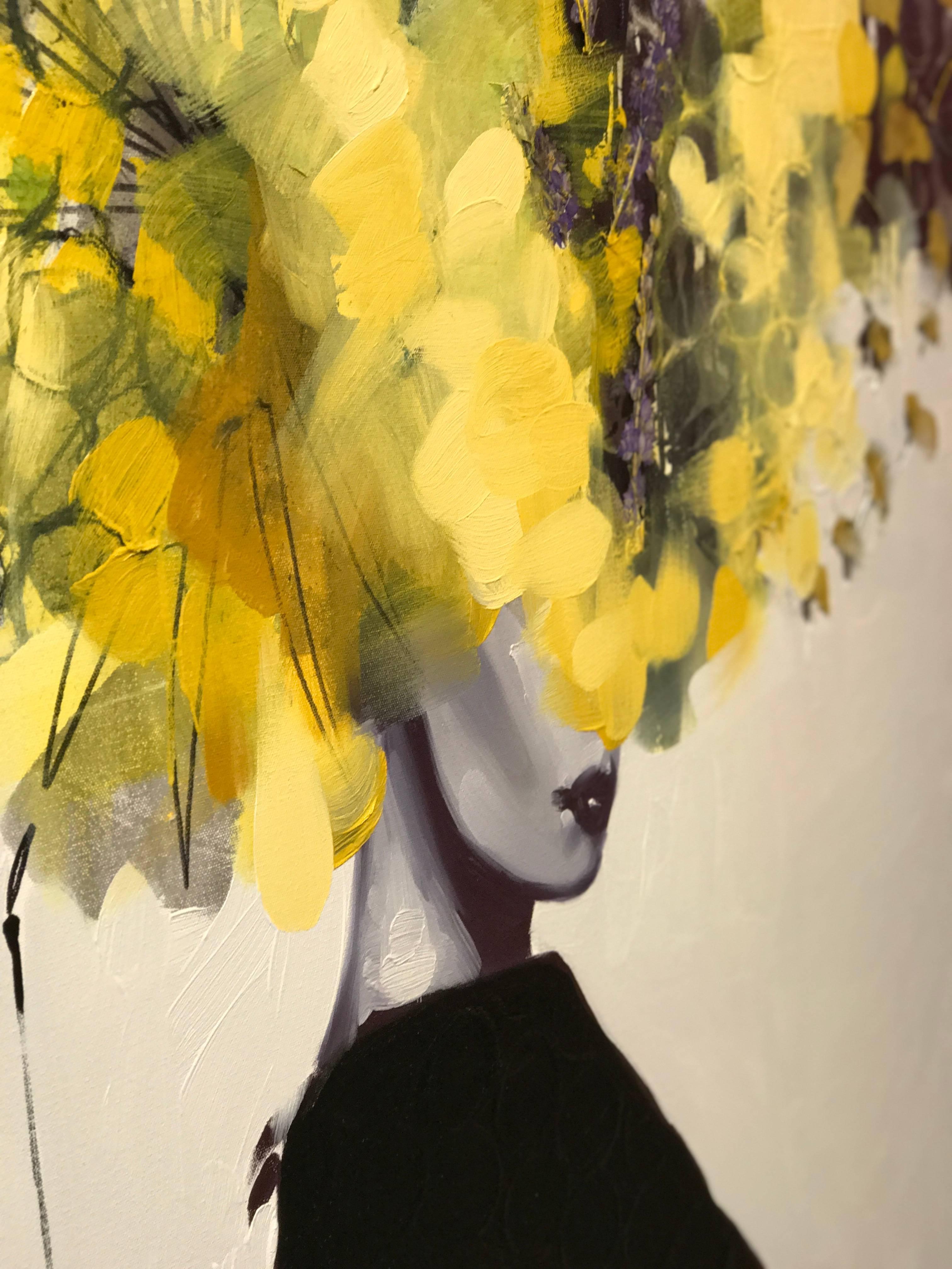 Nothing Like Before - Female Figure Painting, Yellow Floral - Beige Figurative Painting by Anna Kincaide