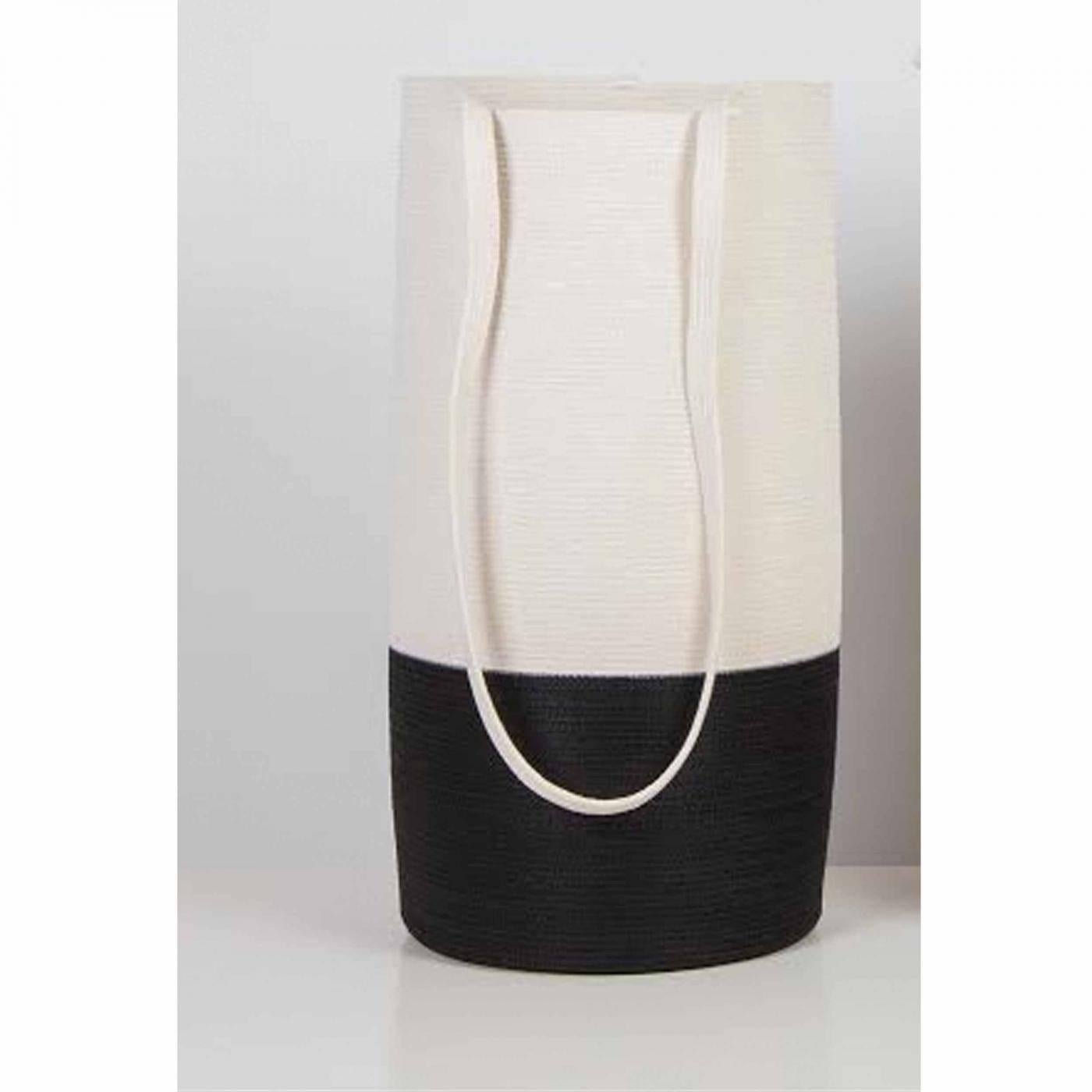 Doug Johnston Abstract Sculpture - TALL BASKET WITH LONG STRAP IN BLACK NYLON/WHITE COTTON