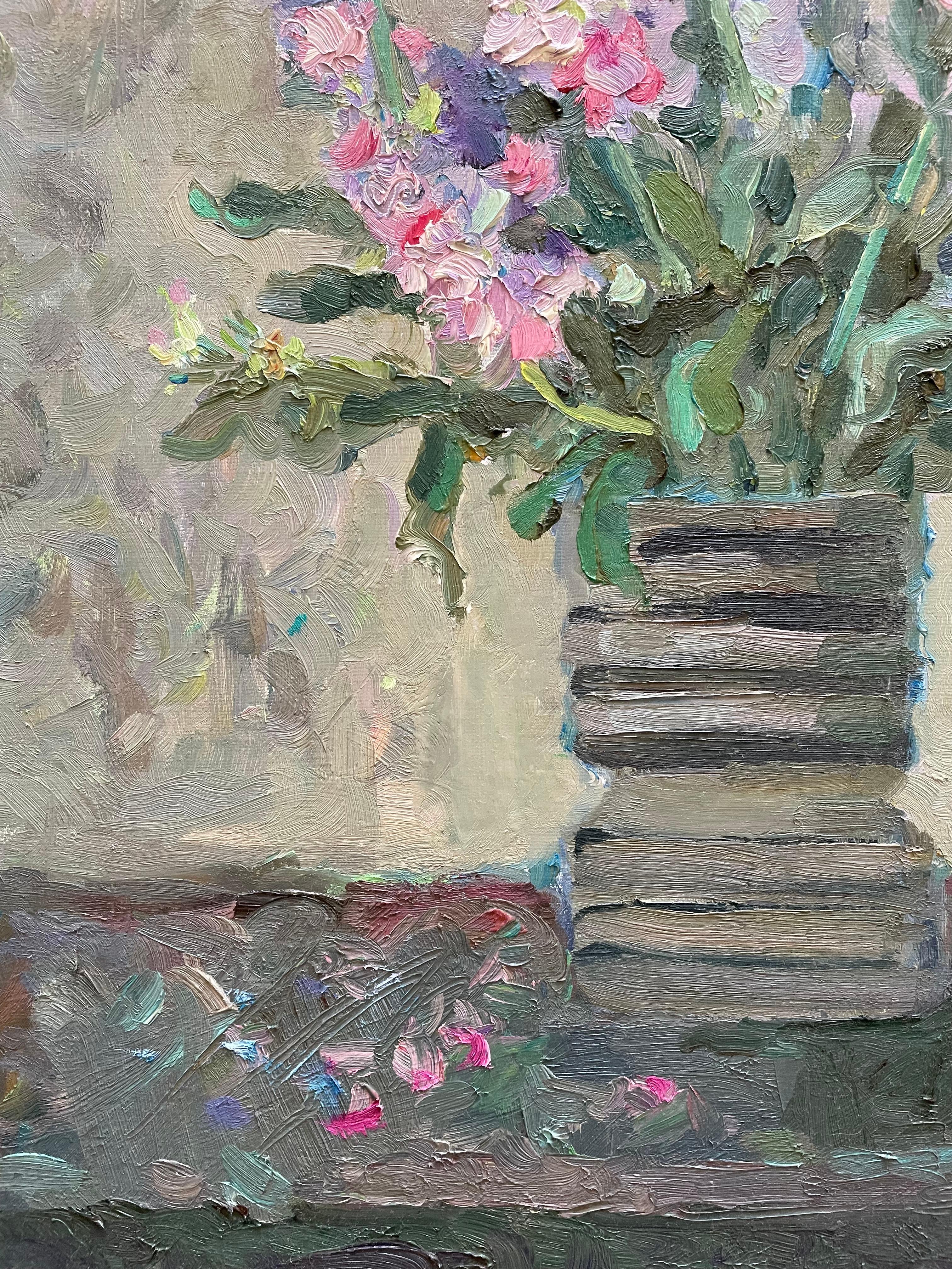 Stocks, flowers, pink, purple, vertical - Gray Still-Life Painting by Irina Forrester
