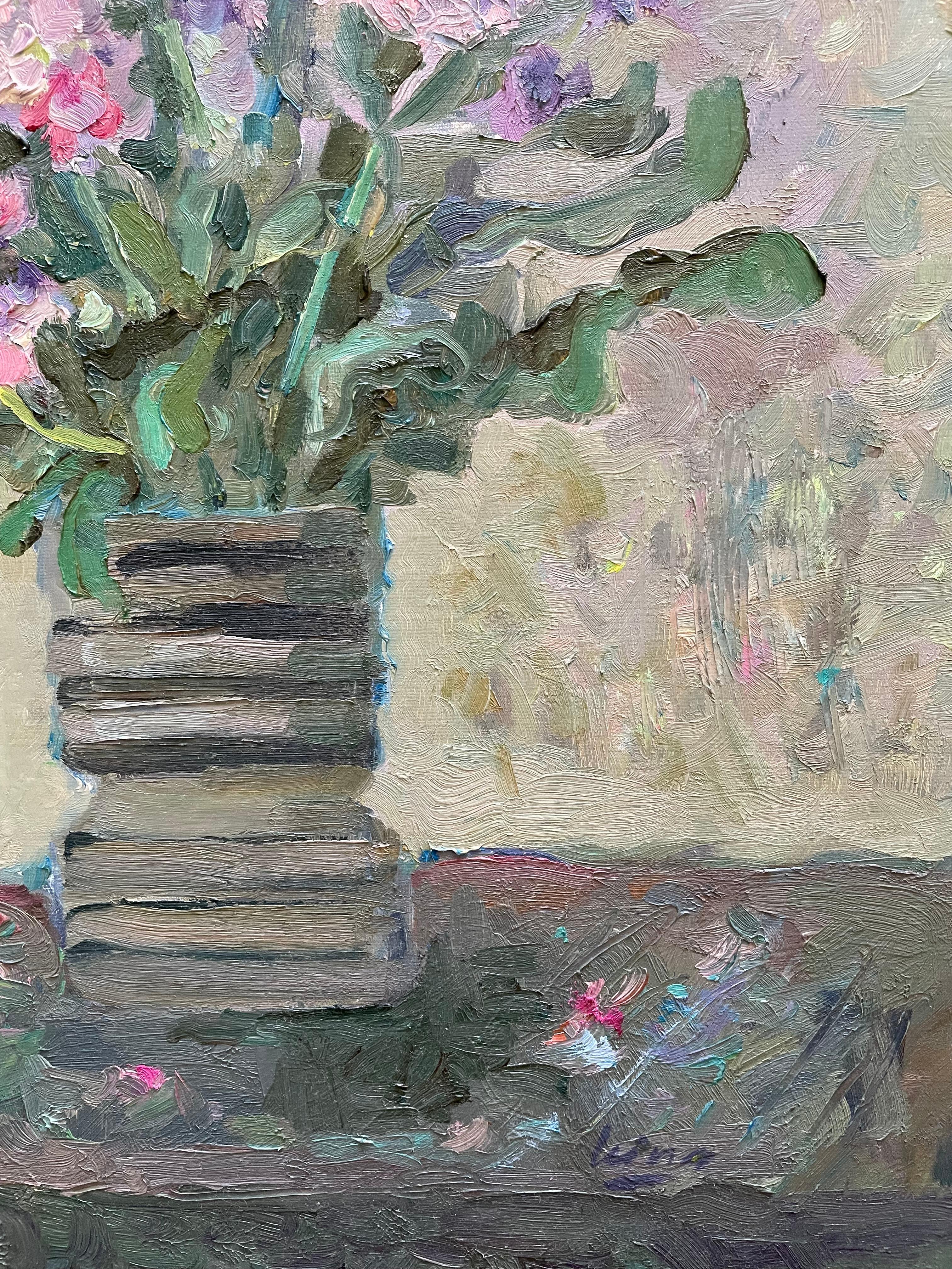 Original impressionist oil painting of stock flowers in a textured ceramic vase. The flowers are rendered with bold, expressive brushstrokes in shades of pink, lilac, and violet, accented with green foliage. The vase features horizontal ridges and
