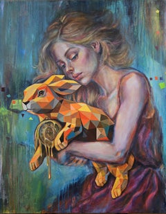 Chronométreur. Grande peinture acrylique : lapin géométrique bleu et orange.