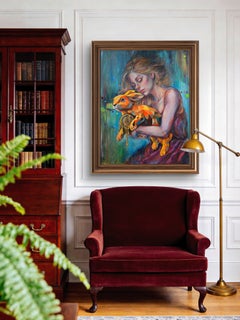 Chronométreur. Grande peinture acrylique : lapin géométrique bleu et orange.