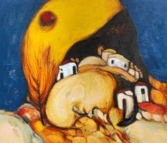 Wahnsinnige Sonne. Hellig, Häuser, gelb, blau, Landschaft, halbabstrakt, Fantasie