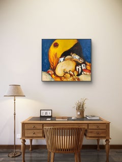 Wahnsinnige Sonne. Hellig, Häuser, gelb, blau, Landschaft, halbabstrakt, Fantasie