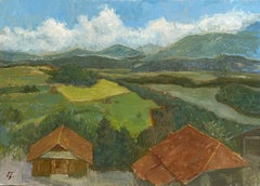 Landscape with Red Roofs. Impressionist oil painting, nature, valley, mountain