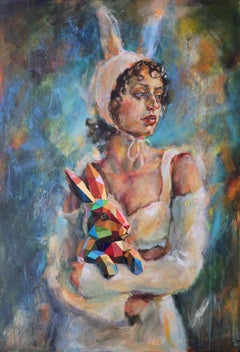 Wonder Within. Large Figurative Acrylic Painting, Woman & Geometric Rabbit.
