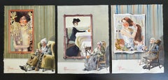 Les dames du musée. Aquarelle, triptyque. Un musée chez vous.