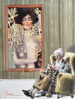 Les dames du musée. Aquarelle, triptyque. Un musée chez vous.