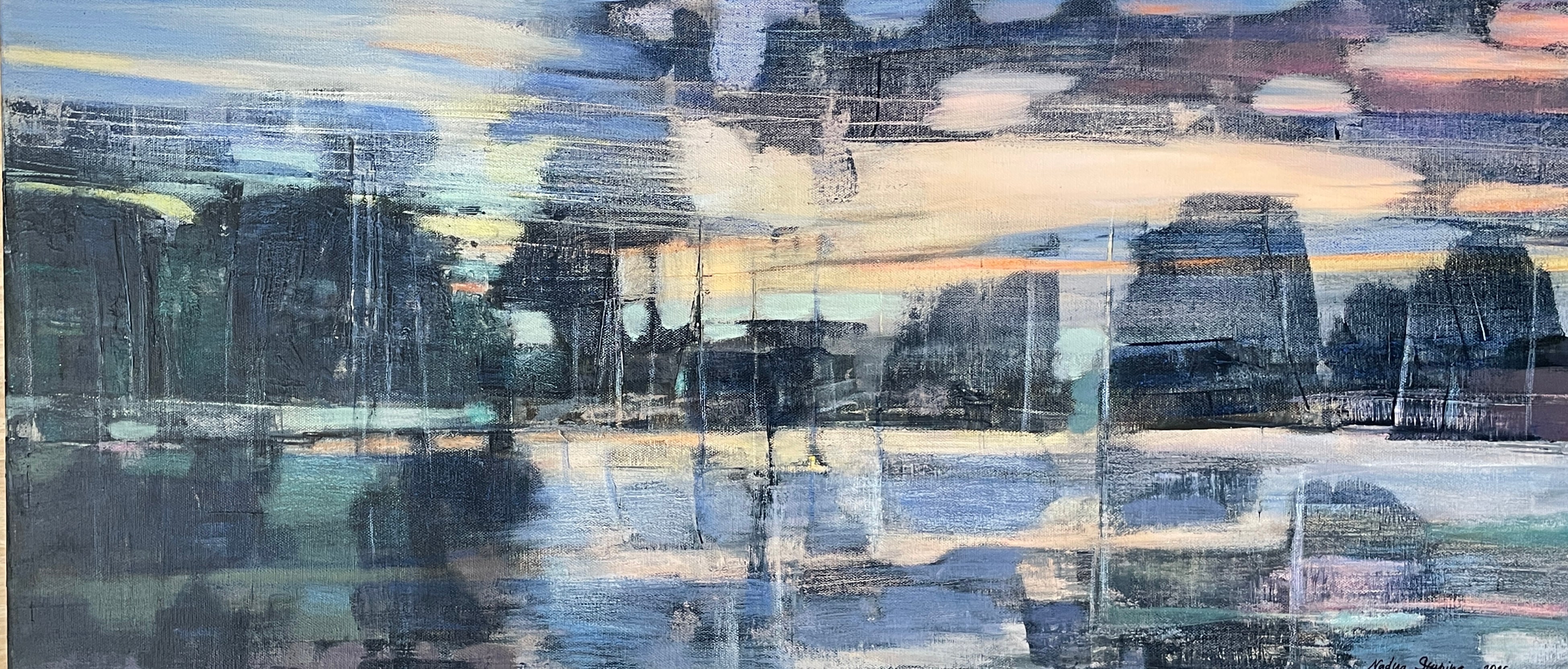 Nadezda Stupina Landscape Painting - Evening on Eckerö . Semi-abstract landscape painting for modern interior.