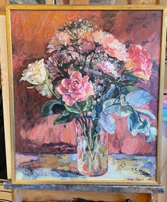 Ramo rosa. Pintura floral original . Tamaño mediano, impresionismo, marco