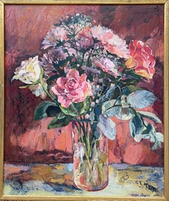 Ramo rosa. Pintura floral original . Tamaño mediano, impresionismo, marco