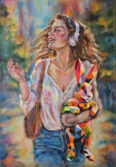 Summer Vibes. Original Figurative Acrylic Painting, Woman Geometric Rabbit.