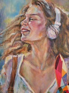 Summer Vibes. Original Figurative Acrylic Painting, Woman Geometric Rabbit.