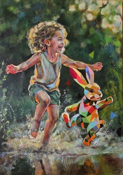 Ein Spritzer Freude. Original-Acrylgemälde im zeitgenössischen figurativen Stil, Kind – Kaninchen