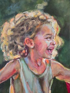 Ein Spritzer Freude. Original-Acrylgemälde im zeitgenössischen figurativen Stil, Kind – Kaninchen