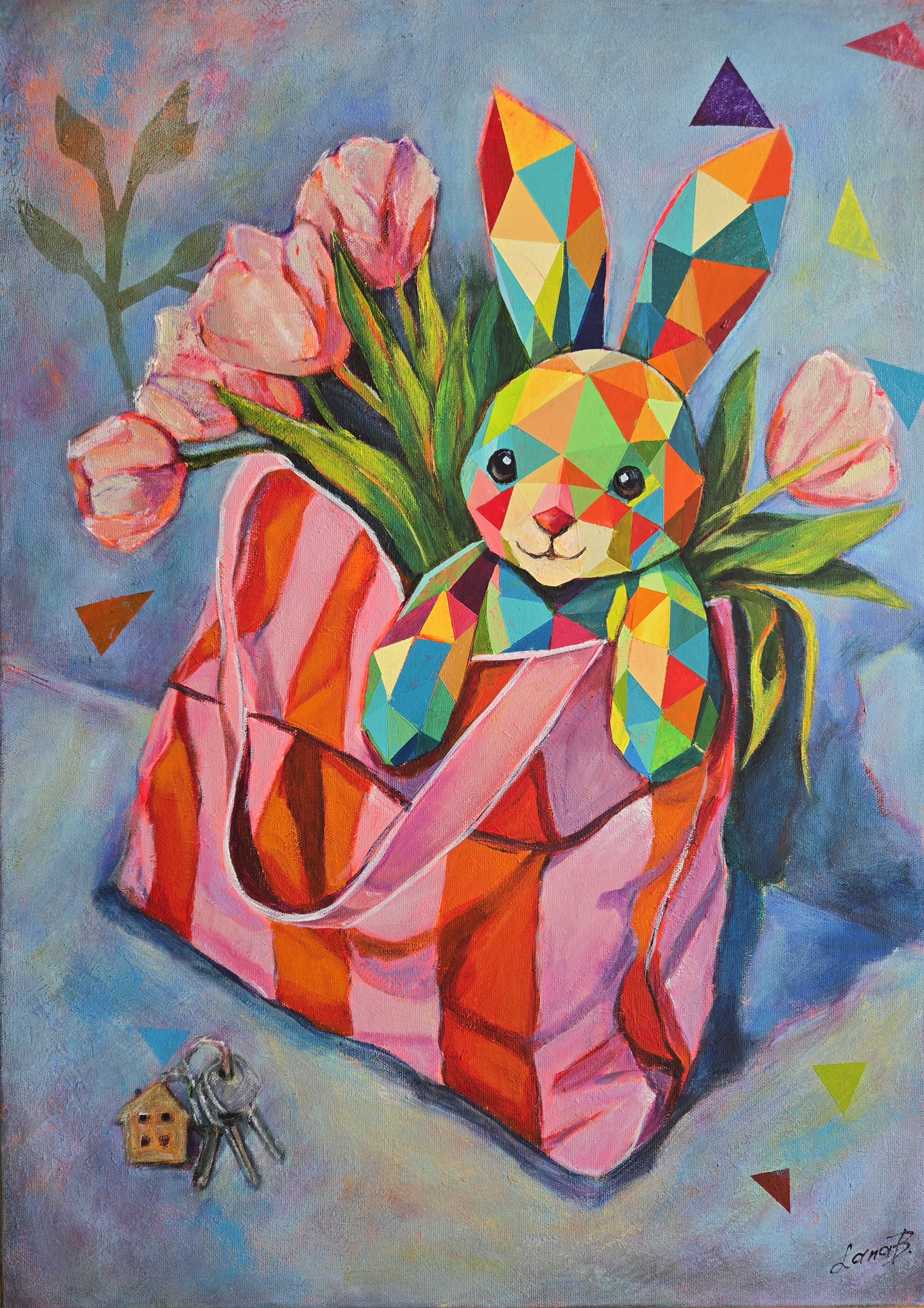 Lana Blink Figurative Painting - Mom's Bag. Original Contemporary Figurative Acrylic Painting, Geometric Rabbit.