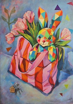 Mom's Bag. Original Contemporary Figurative Acrylic Painting, Geometric Rabbit.