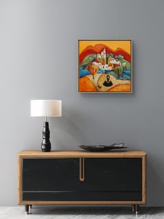 Little dog. pet, friendship, kind, landscape, bright, framed, woman