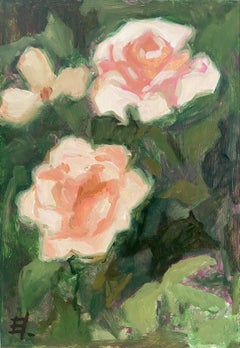 Avant septembre. Petite peinture à l'huile représentant des roses, impressionnisme contemporain, vert