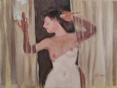 On the sunny side. Oil, cardboard, small, interior painting, nude