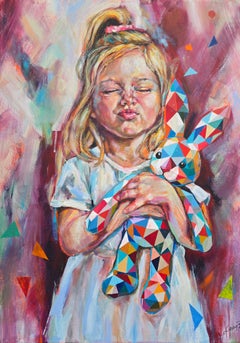 Girl with Geometric Rabbit. Original Acrylic Figurative Painting. Contemporary.
