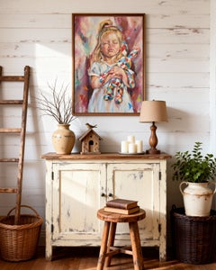 Une fillette avec un lapin géométrique. Peinture figurative originale à l'acrylique. Contemporain.